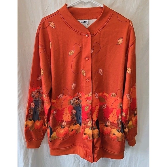 Blair Jackets & Blazers - VTG BLAIR Women's Scarecrow And Pumpkins Snap Up Sweatshirt Jacket size L Orange